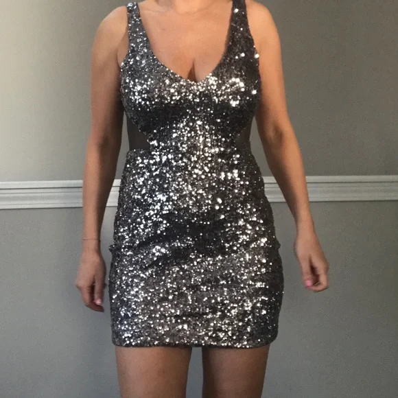 Bebe Dresses | Bebe Mini Sequin Dress. | Color: Silver | Size: S | Binibaby2002's Closet Bebe Dresses | Bebe Mini Sequin Dress. | Color: Silver | Size: S | Binibaby2002's Closet